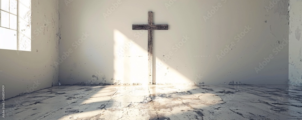Aufkleber Sunlit room with an empty grunge setting and a large wooden cross standing in the corner