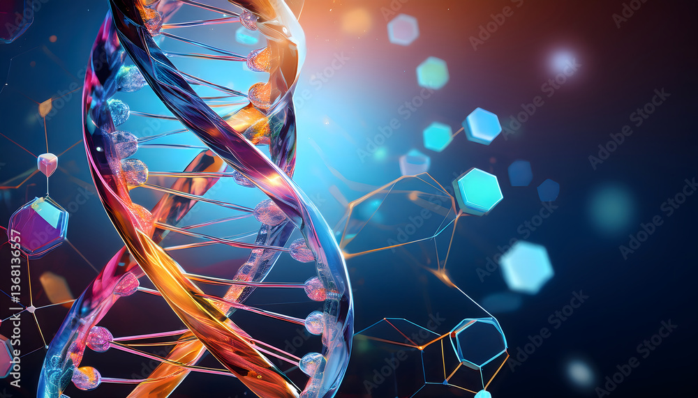 Poster Abstract DNA structure with colorful geometric shapes in the background