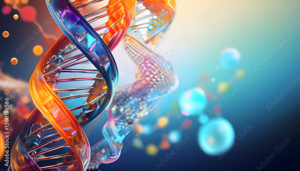 Poster colorful dna helix with abstract bubbles and light effects in the background