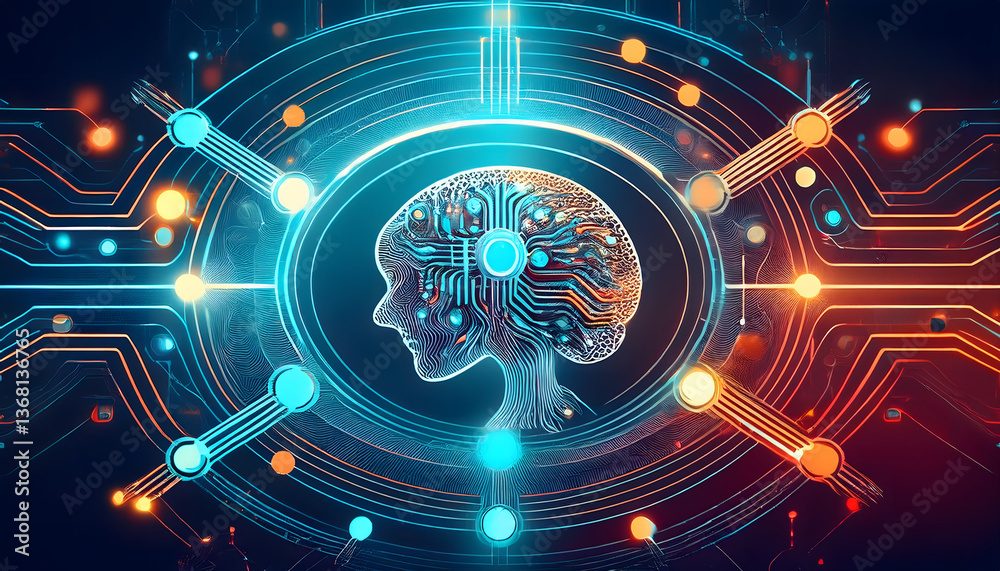 Poster Digital brain illustration with circuit patterns and vibrant colors