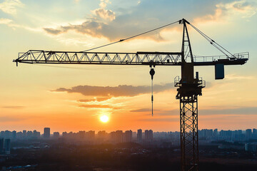 Tower crane silhouetted against a vivid sunset with city skyline in the background