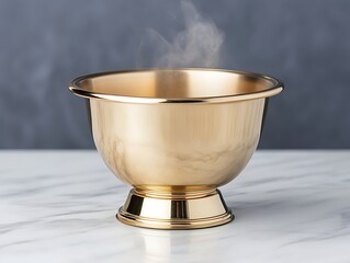 A golden bowl releasing steam sits on a marble tabletop