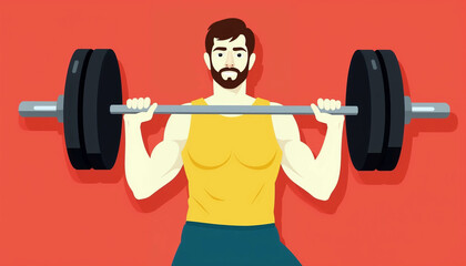 Fototapeta premium Strong man lifting weights against a bright red background 