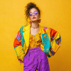 Vibrant young woman showcases eclectic fashion with a colorful outfit and bold accessories against a striking yellow backdrop