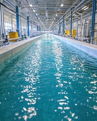 Fototapeta premium Industrial water channel teal reflections in modern facility