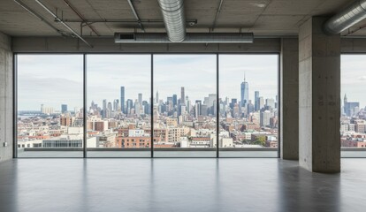 Fototapeta premium Modern office with large windows showcasing New York skyline. Bright daylight creates open, minimalist atmosphere.