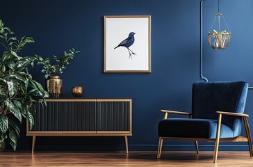 Minimalist interior design of a navy blue living room with a golden-framed poster on a cabinet and a velvet armchair near the wall
