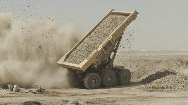 A dump truck captured mid-action as it tilts its massive bed to unload gravel. - Powered by Adobe