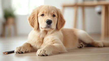 A cute golden retriever puppy lounging on a wooden floor. The pet exudes playfulness and charm, making it a perfect subject for heartwarming pet photography.