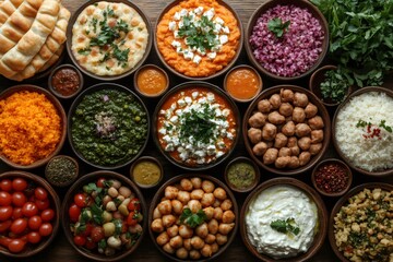 Fototapeta premium Overhead view of catering spread featuring meatballs, rice, hummus, sauces, vegetables, and pita bread in multiple serving bowls