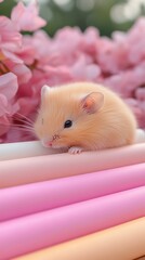 A cute, fluffy hamster rests on colorful pastel straws surrounded by pink blossoms, creating a charming and serene atmosphere