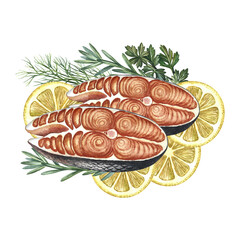 Sliced pieces of red fish with lemon and herbs. Handmade watercolor illustration. A color image of a delicious red fish dish. For menus, recipe books, packages, labels, invitations and banners.