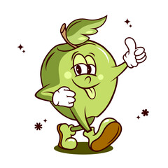 green apple cartoon character  mascot, retro groovy character green apple, vector  illustration