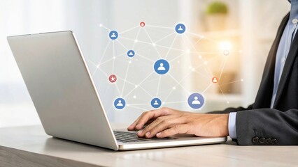Businessman using a laptop with a digital social network connection overlay
