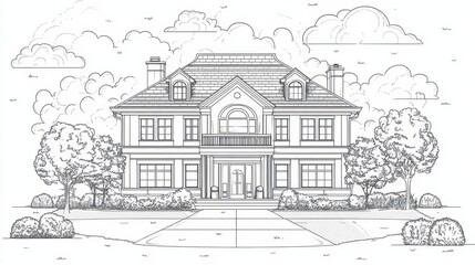 Obraz premium Detailed illustration showing a grand residential home with landscaping around it