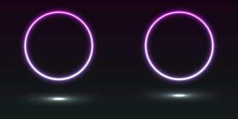  Light Purple Neon Ring: Circular Glow with Movement and Speed Effect for Dynamic Visuals and Web Design A set of two round neon frames with shining effects and highlights on a dark background.