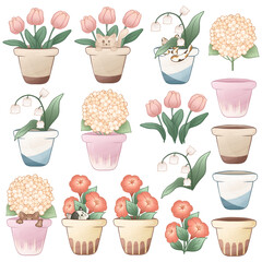 Big collection of flowers, ceramic pots and cute cats, white background, colorful illustration