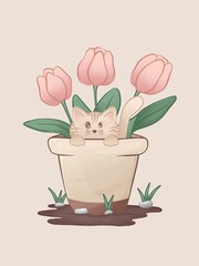 Cute illustration with flowers and cats in ceramic pot, colorful illustration