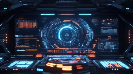 A futuristic spaceship cockpit dashboard with digital screens and interfaces.