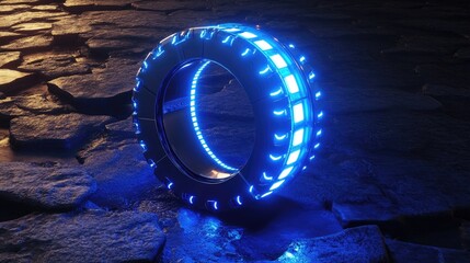 A futuristic floating wheel concept illuminated by blue LED lights on a dark sci-fi background.