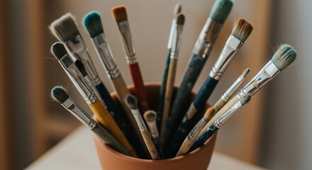 Vibrant paintbrushes arranged artfully in terracotta pot. AI Generated