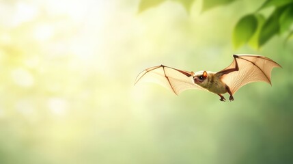 A bat is flying through the air in a lush green forest. The bat is the main focus of the image