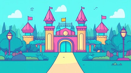 Fototapeta premium Colorful cartoon illustration depicts a whimsical castle with its surroundings