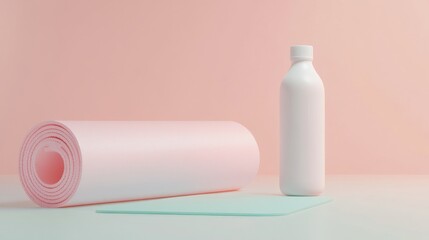 Rolled up pink yoga mat with white water bottle on a light blue surface ready for workout in a studio