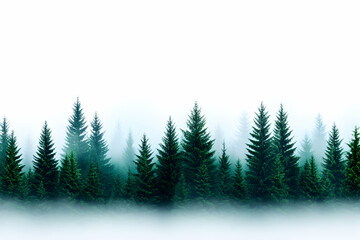Fototapeta premium Misty evergreen forest landscape, dark green trees emerging from fog against a white background