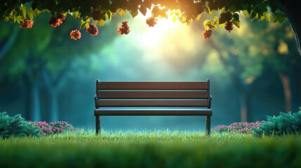 Relaxing park bench in serene nature tranquil garden outdoor scene morning light peaceful atmosphere