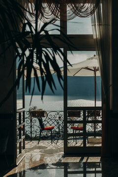 Amazing view of Adriatic sea from the cafe in Herceg Novi, beautiful sunny day, Montenegro.