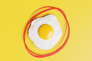Fried egg circled by paper cutting red lines on a yellow background. 3D illustration of the concept of egg products, nutrition and breakfast