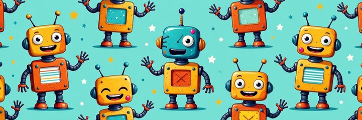Fototapeta premium Quirky and cheerful robot design in a seamless repeat pattern, robot, design, playful
