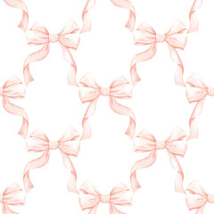 Hand drawn watercolor pink bow seamless pattern isolated on white background. Can be used for textile, fabric scrapbook and other printed products.