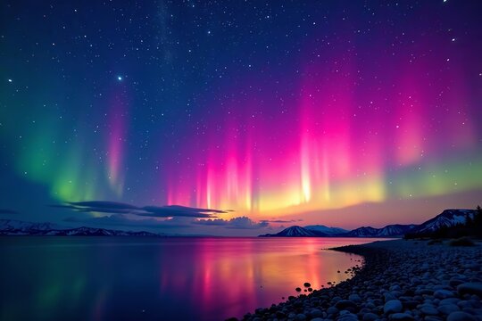 Rainbow-hued aurora borealis in starry night sky, night, northern lights