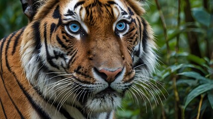 Obraz premium A powerful close-up of a Bengal tiger with piercing blue eyes, gazing intensely at the camera, set against a lush jungle backdrop. Perfect for wildlife and nature themes.