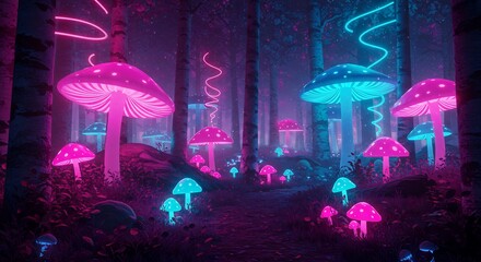 Glowing Pink Blue Mushrooms Enchant Dark Forest Night. AI Generated