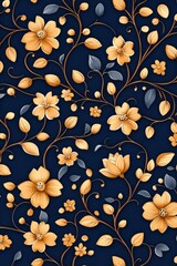 A blue and yellow floral patterned wallpaper. The flowers are yellow and the leaves are blue