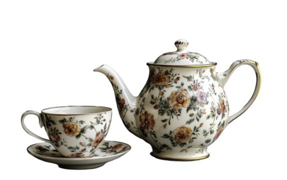 Traditional porcelain tea cup top view, gold and green pattern.Cappuccino in a White Mug on a Saucer, White Background