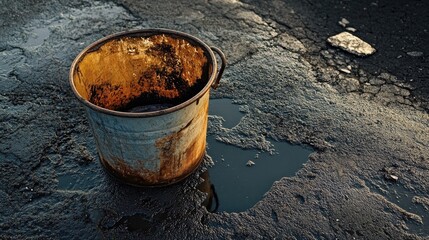 A large metal bucket filled with fresh asphalt beside a repair zone.