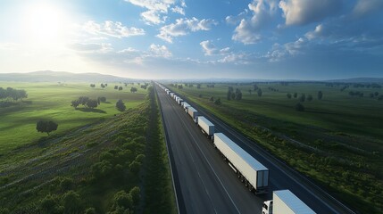 Aerial view of a long line of cargo trucks traveling on a highway through a lush green countryside landscape at dawn.