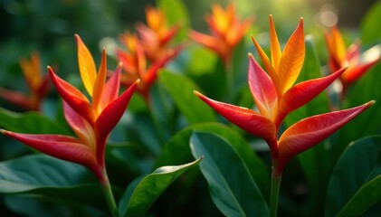 Fototapeta premium Realistic heliconia bushes in full bloom with bright flowers and green leaves, realistic, tropical