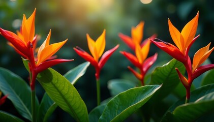 Fototapeta premium Realistic heliconia bushes in full bloom with bright flowers and green leaves, tropical, vivid, blooming