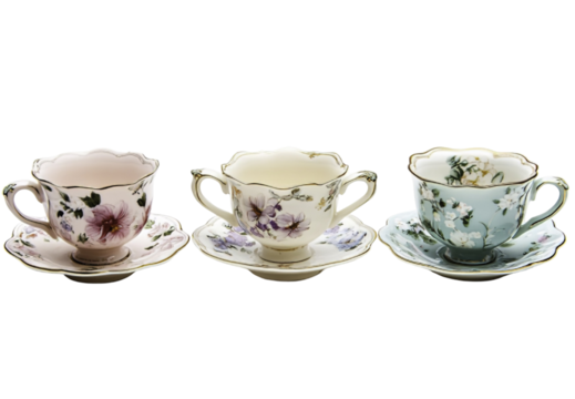 Traditional porcelain tea cup top view, gold and green pattern.Cappuccino in a White Mug on a Saucer, White Background