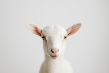 Obraz premium A white goat with brown ears is staring at the camera. The goat has a curious expression on its face