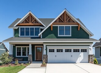 the exterior front view of an American-style home with white trim and a shingle roof.