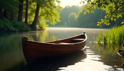 Obraz premium Wooden Rowboat on Serene Lake with Lush Green Trees and Morning Mist