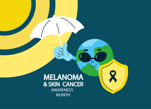 Melanoma and skin cancer awareness month banner. Sun and earth planet character. Vector drawing continuous line art illustration.