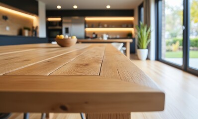Elegant wooden dining table in a modern kitchen.