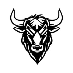 A bull logo with powerful horns. Aggressive and dynamic style symbolizing strength, courage and fortitude. Bull logo, animal head, horned beast, strong symbol